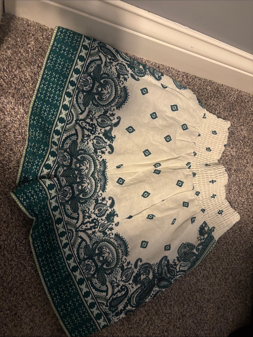 Cream and Teal Boho Border Print Skirt
